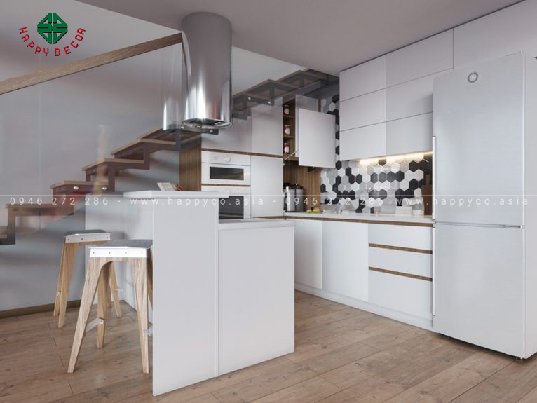 Khu vực nấu ăn được thiết kế ngay dưới cầu thang đẹp, hiện đại - M21