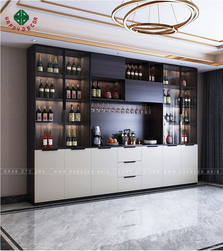 Mẫu tủ rượu cửa kính kết hợp gỗ công nghiệp MDF phủ melamine