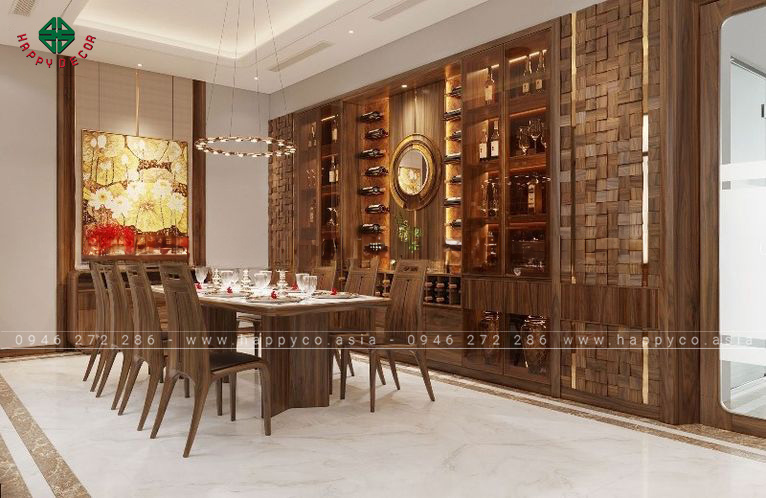 Tủ rượu cửa kính gỗ óc chó biệt thự hiện đại-M11