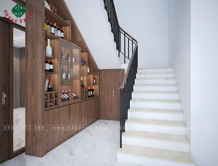 Mẫu tủ rượu cửa kính hướng cầu thang - M26
