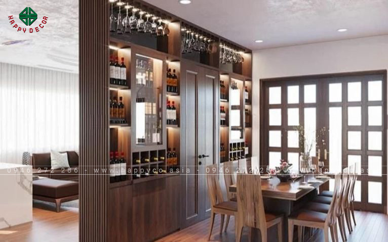 Mẫu tủ rượu cửa kính ngăn cách không gian phòng khách và bếp - M12