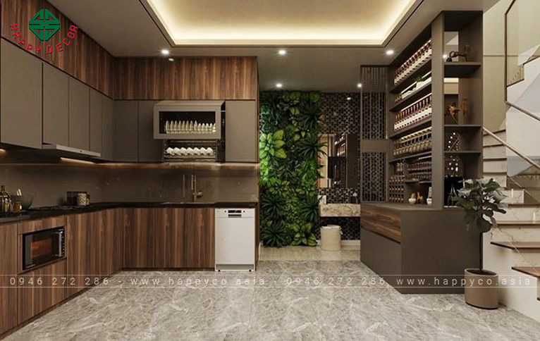 Mẫu tủ bếp cửa kính đựng rượu – M49