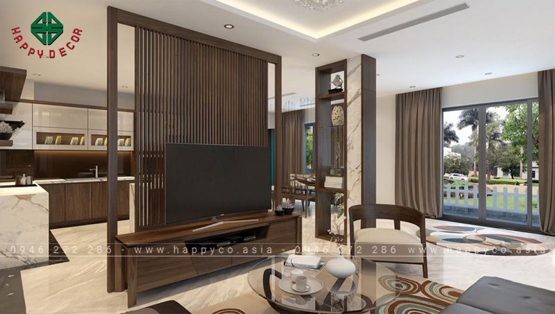 Thiết kế vách tivi phòng khách đồng thời làm vách ngăn không gian