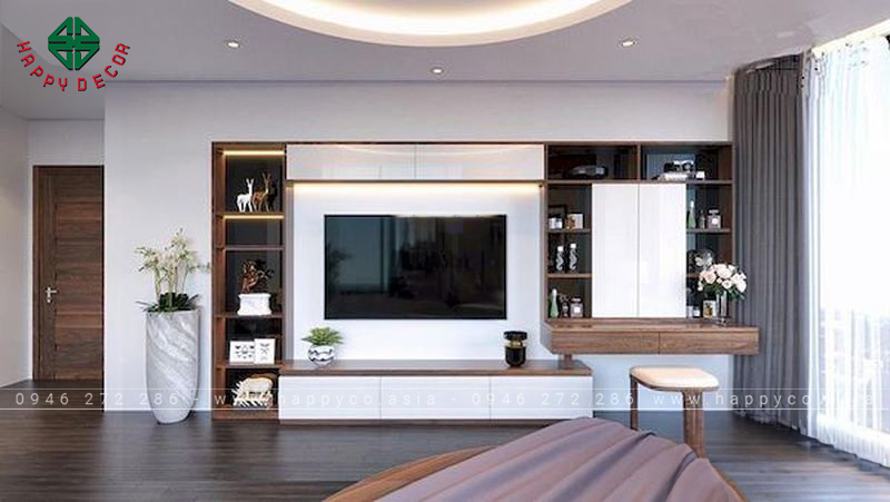 Thiết kế vách tivi phòng khách gỗ công nghiệp