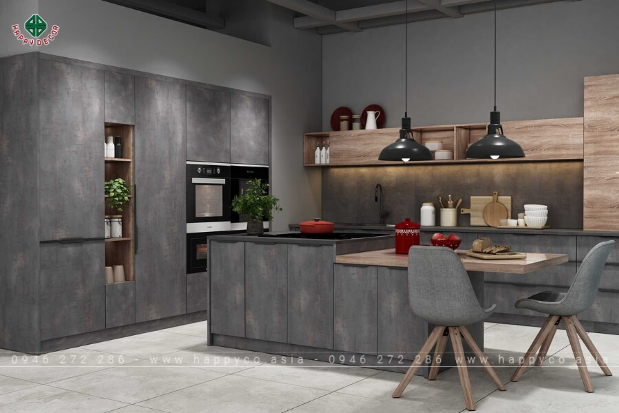 Tủ bếp gỗ công nghiệp hiện đại xám mẫu 4