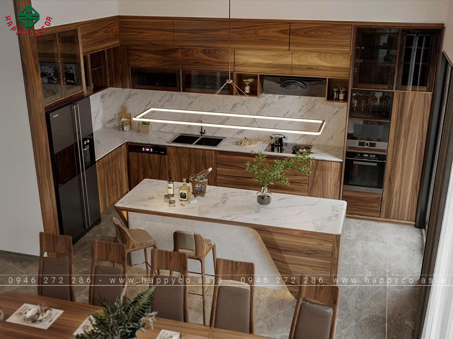 Khu vực bếp được trang bị đảo bếp với mặt đá bắt mắt