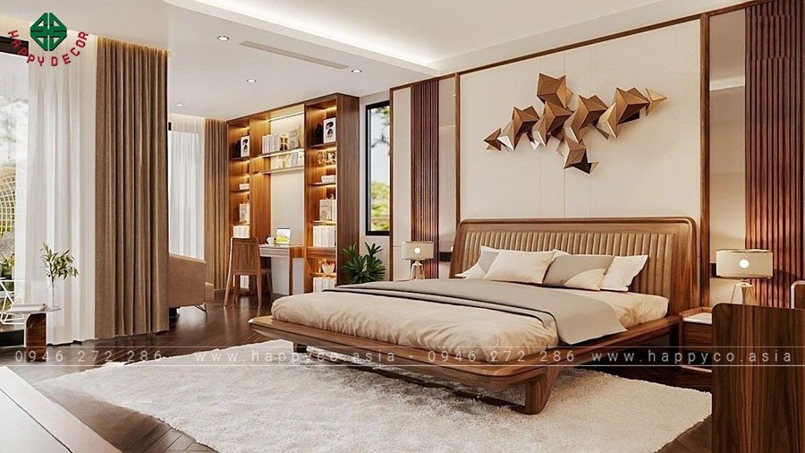 Nội thất phòng ngủ master sử dụng gỗ óc chó cao cấp.
