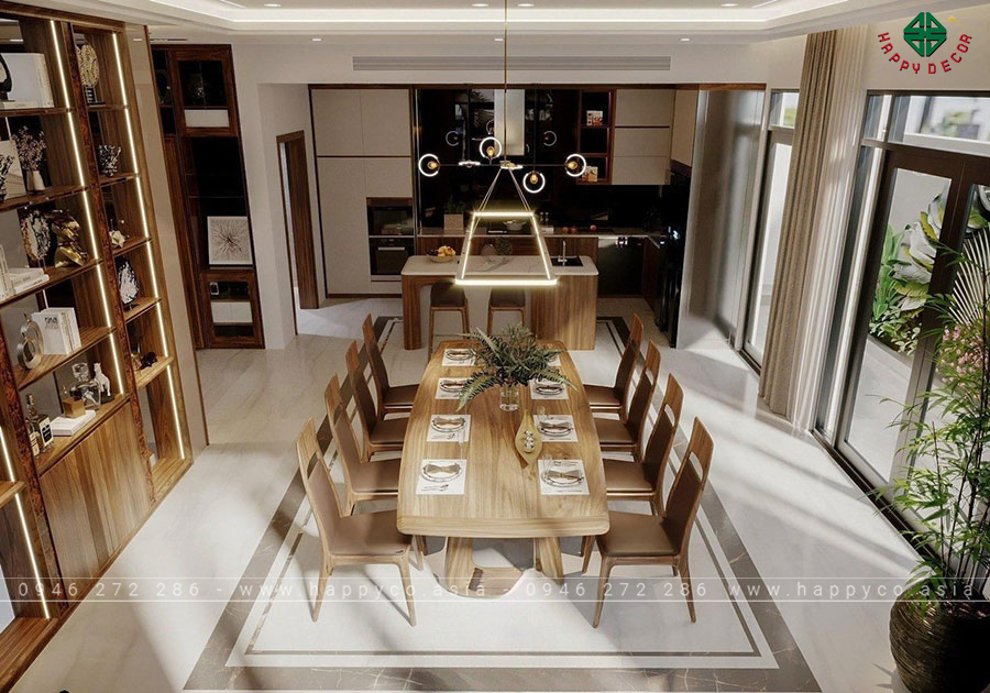 Bộ bàn ghế ăn gỗ óc chó được đặt giữa bếp