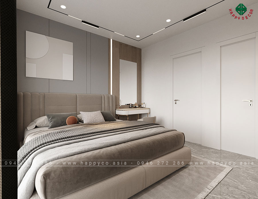 Phòng ngủ phụ được lấy cảm hứng từ phong cách thiết kế hiện đại với chất liệu chính là gỗ công nghiệp nhằm tối đa hóa chi phí xây dựng.