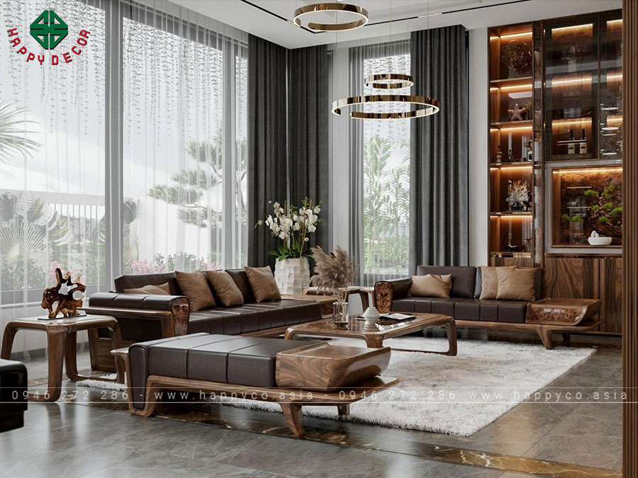 Phòng khách được lên ý tưởng thiết kế hiện đại sử dụng chất liệu chính là gỗ óc chó Bắc Mỹb