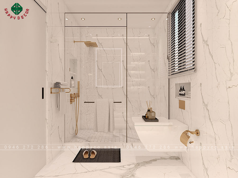 Hai khu vực khô và ướt được phân chia rõ ràng bằng các tấm kính cường lực trong suốt