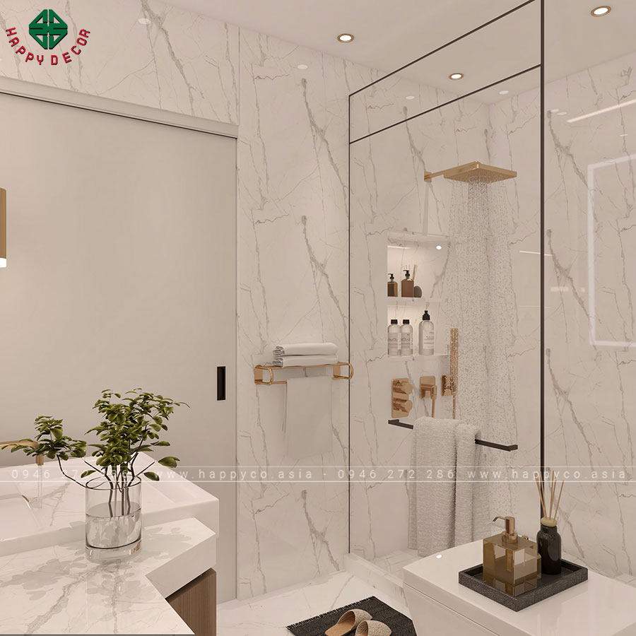 Phòng tắm tầng 1 lát đá hoa văn mềm mại, uyển chuyển rất bắt mắt