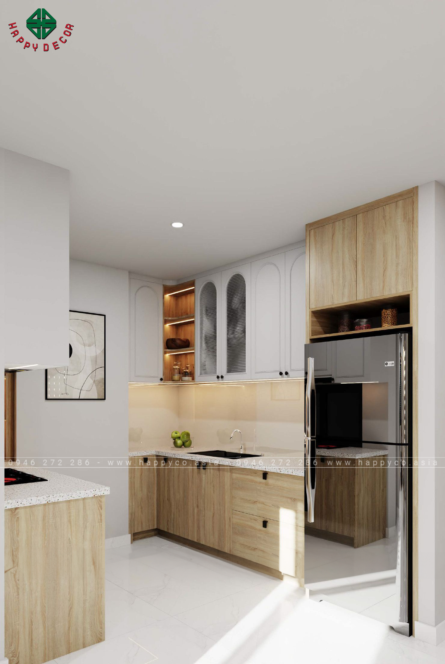 Phòng bếp của căn hộ toát lên vẻ sang trọng khi sử dụng nội thất gỗ công nghiệp