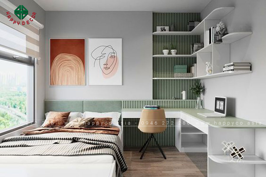 Nội thất phòng ngủ với tủ quần áo cao từ trần đến sàn và bàn trang điểm