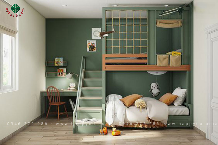 Nội thất phòng ngủ kết hợp giường tầng và bàn làm việc hiện đại