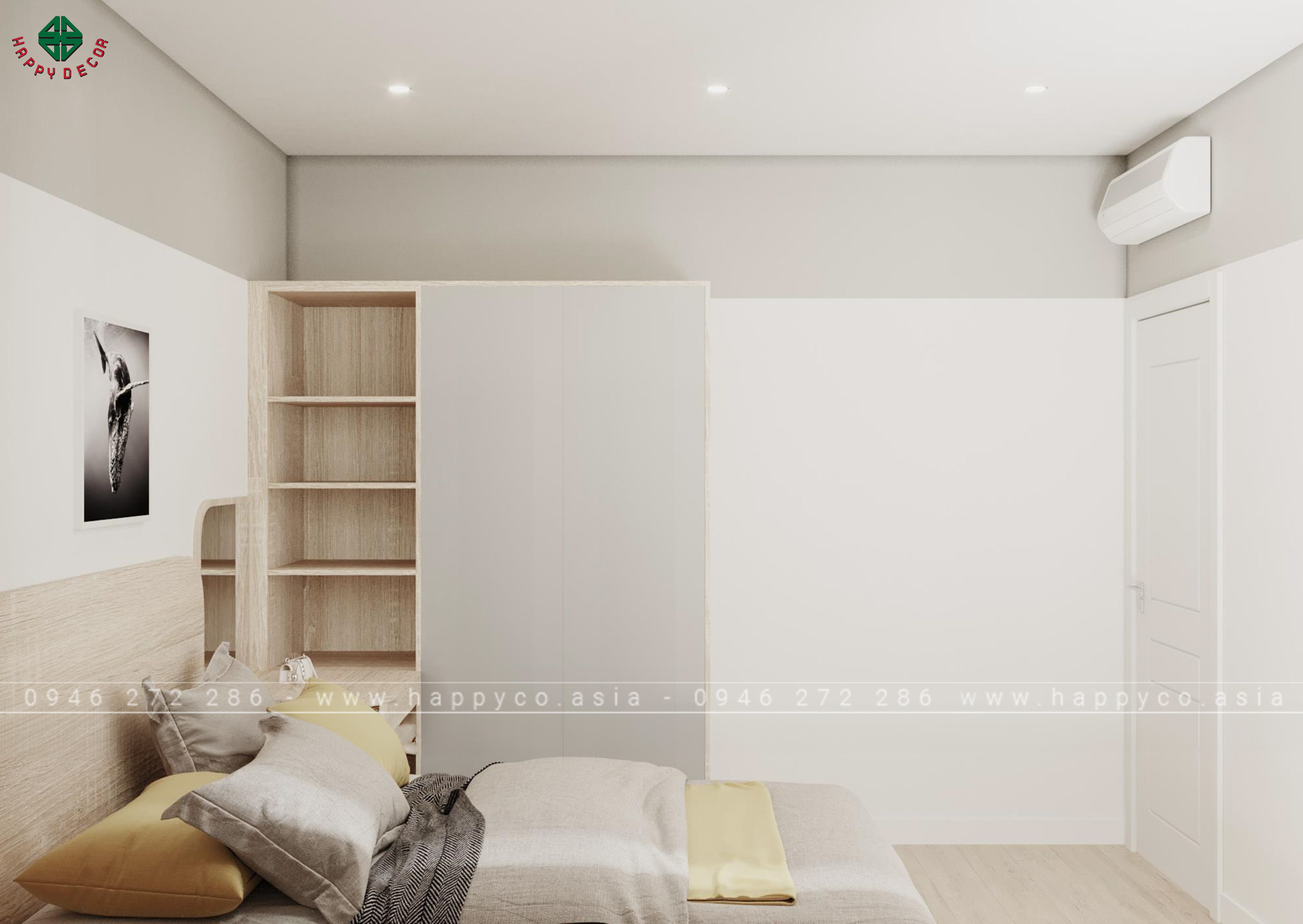 Kệ trưng bày thuận tiện cho việc sắp xếp bố trí phòng ngủ trở nên gọn gàng hơn