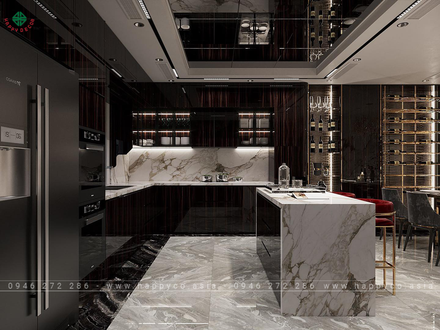 Phòng bếp cực kì sang trọng kết hợp với tủ rượu đây là một điều thú vị với xu hướng hiện nay