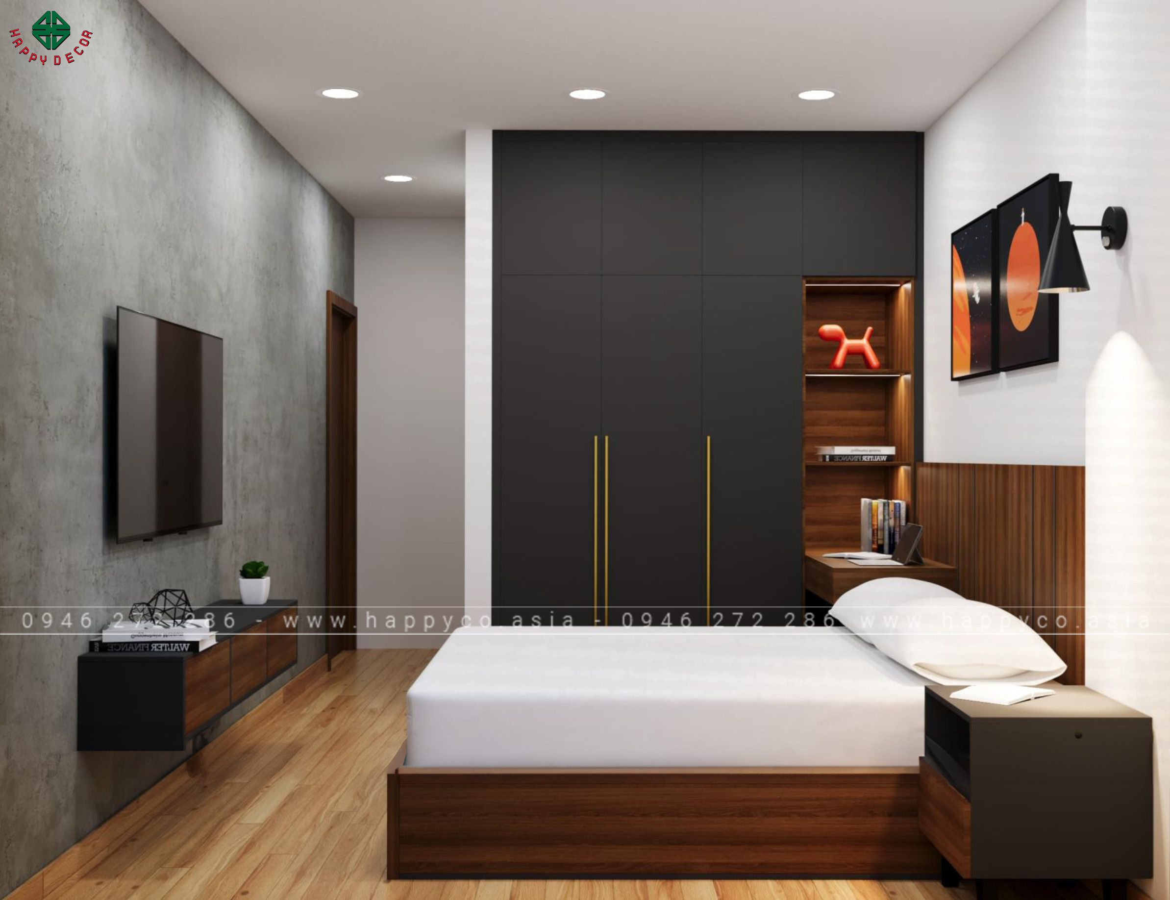 Phòng ngủ tăng thêm vẻ thẩm mỹ khi sử dụng hầu hết nội thất là ván công nghiệp