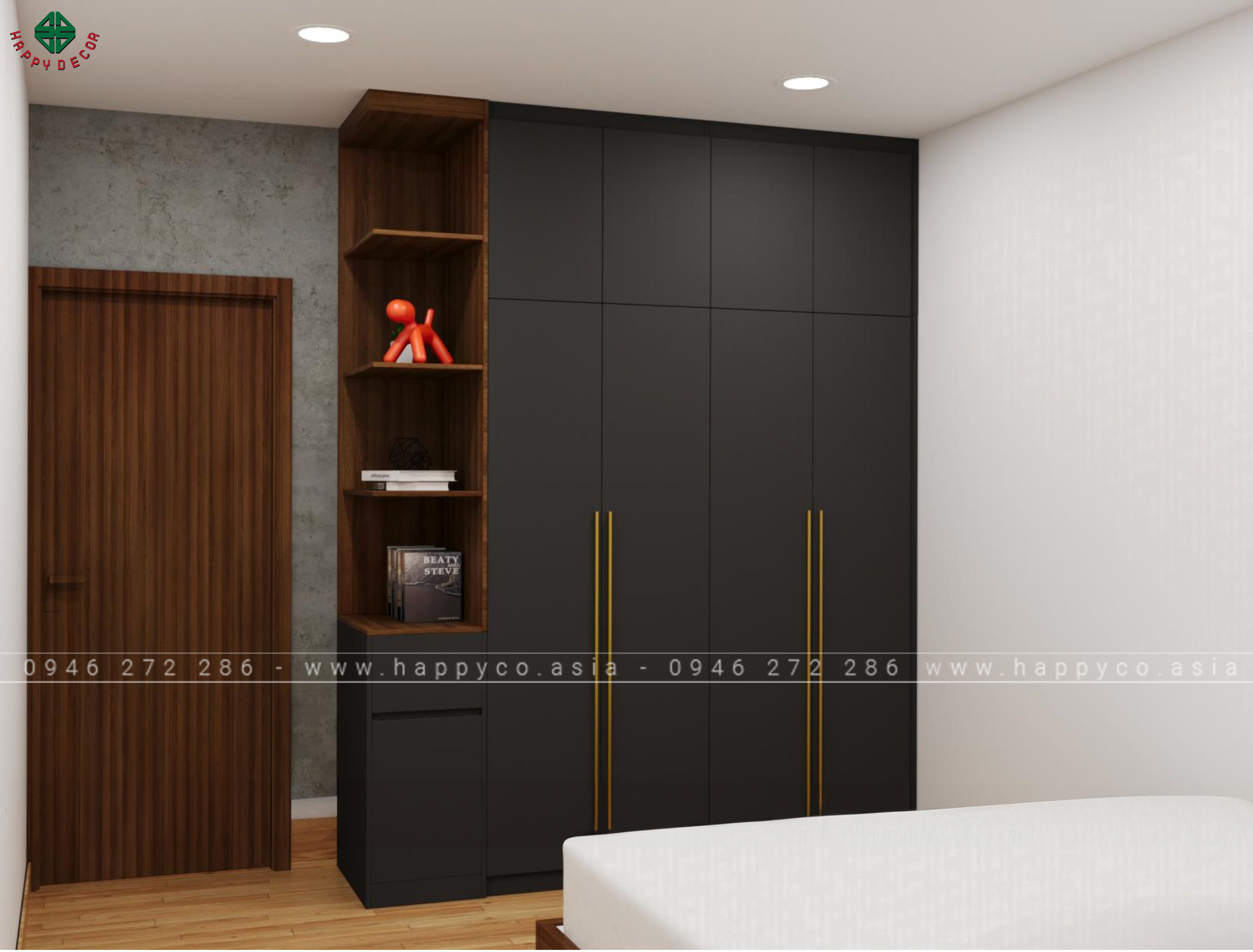 Tủ áo được làm từ ván công nghiệp kết hợp tủ sách thuận tiện cho gia chủ dễ dàng sử dụng