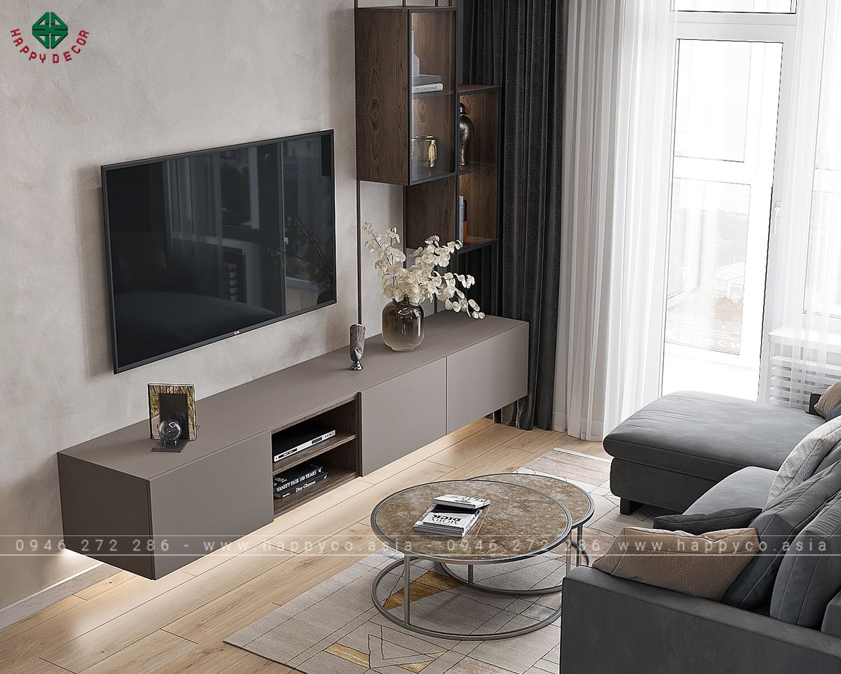 Kệ Tivi phòng khách được làm từ ván cồng nghiệp để tăng thêm vẻ đẹp của phong cách Hiện Đại