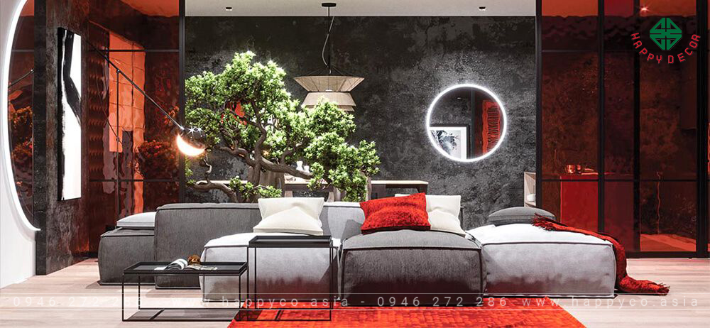 Màu đỏ được sử dụng làm tông màu chủ đạo cho phòng khách