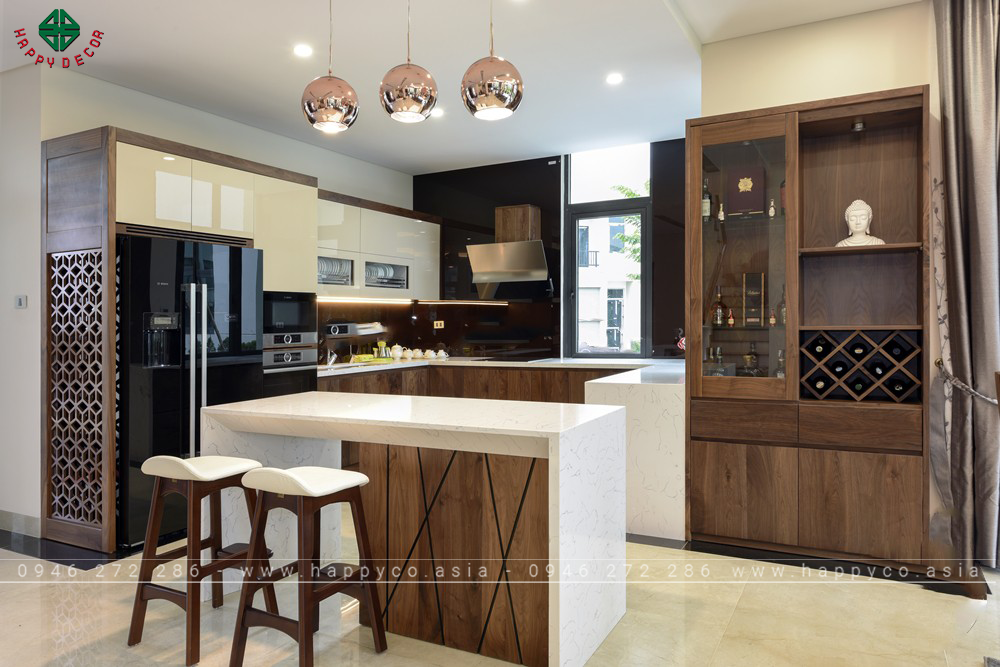 Bàn đảo bếp bằng gỗ óc chó