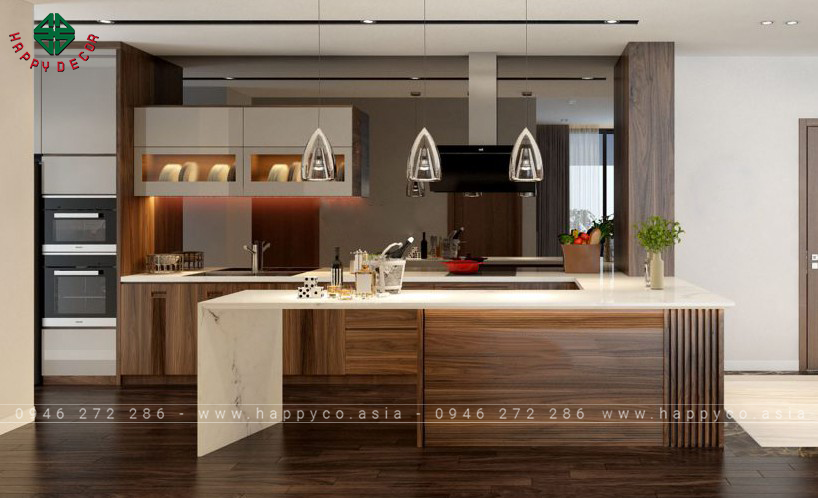 Mẫu đảo bếp bằng gỗ óc chó