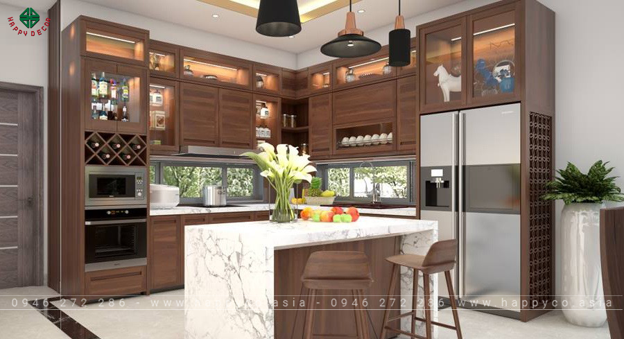 Khu vực bếp được làm bằng gỗ óc chó