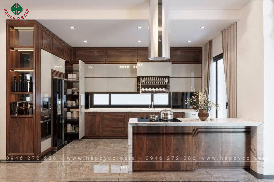 Tủ gỗ óc chó và bàn đảo bếp