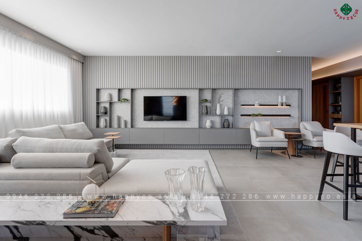 Không gian phòng khách với nội thất bằng ván nhựa PVC PIMA - Mẫu 01