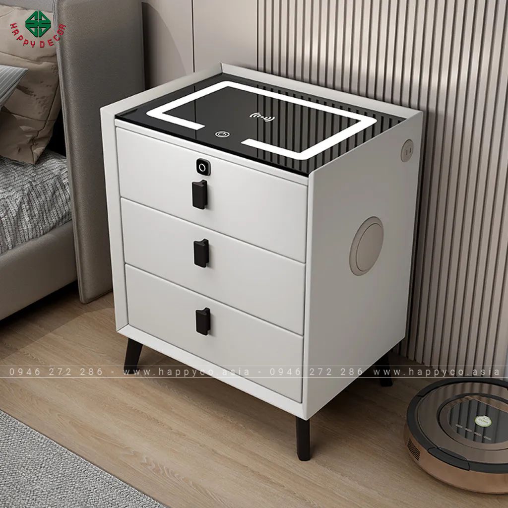 Tủ đầu giường thông minh của Happy Decor với thiết kế tinh tế, mặt bàn tích hợp công nghệ sạc không dây, ba ngăn kéo rộng rãi và chất liệu cao cấp