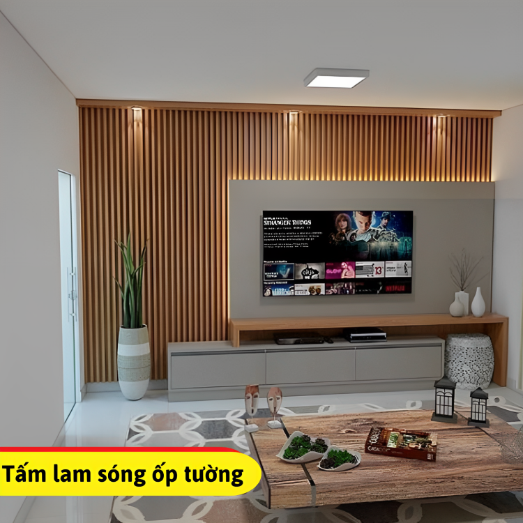 Vách ngắn phòng khách được làm tấm lam 5 sóng Pima