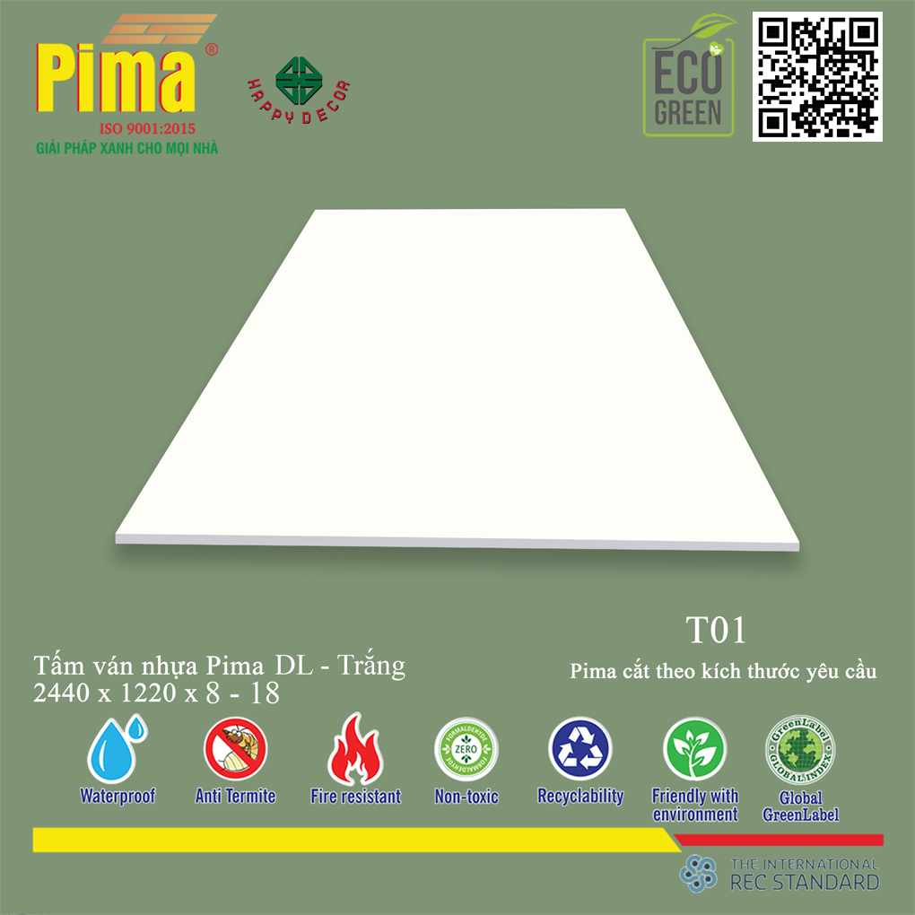 Tấm Ván Nhựa PIMA DL Trắng-T01 được sản xuất bằng công nghệ tiên tiến, mang lại độ bền vượt trội so với các loại ván thông thường