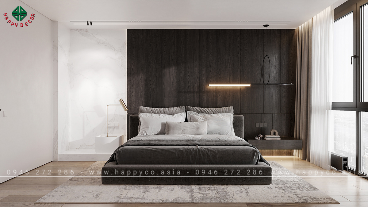 Căn hộ được thiết kế với phong cách hiện đại, nổi bật với các đường nét tối giản