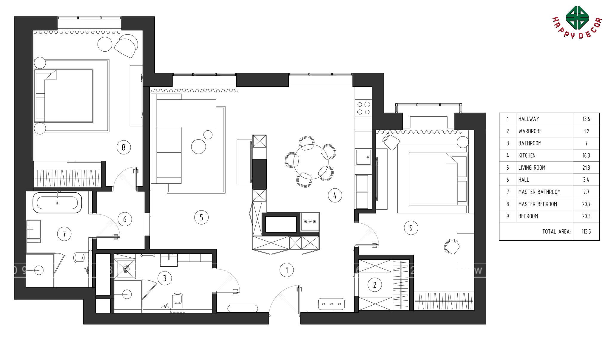 Bản vẻ mô tả mặt bằng chung cư với căn hộ 113m2