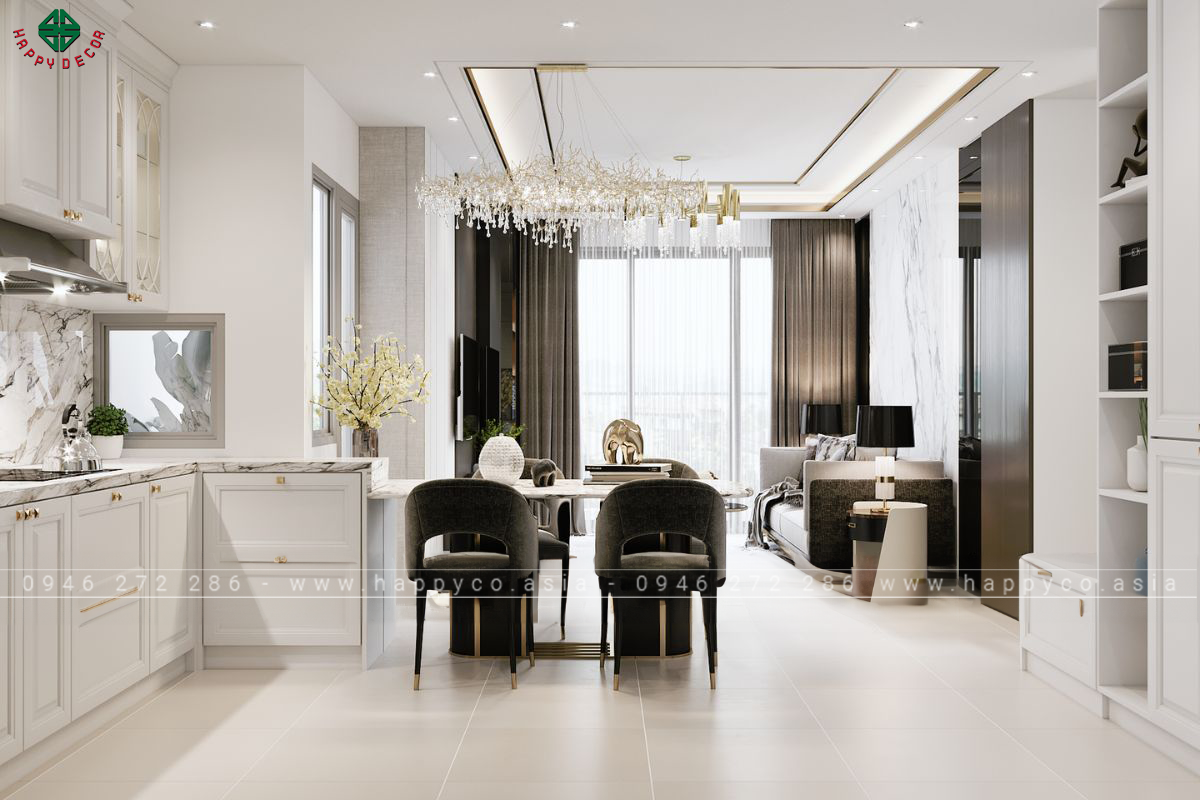 Phòng khách và phòng bếp thông nhau vừa hiện đại vừa thanh lịch