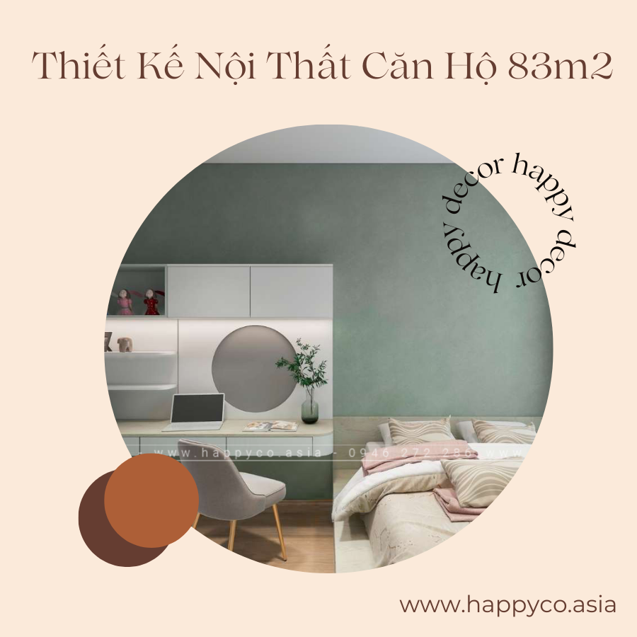 Thiết kế nội thất căn hộ 83m2 với 2 phòng ngủ