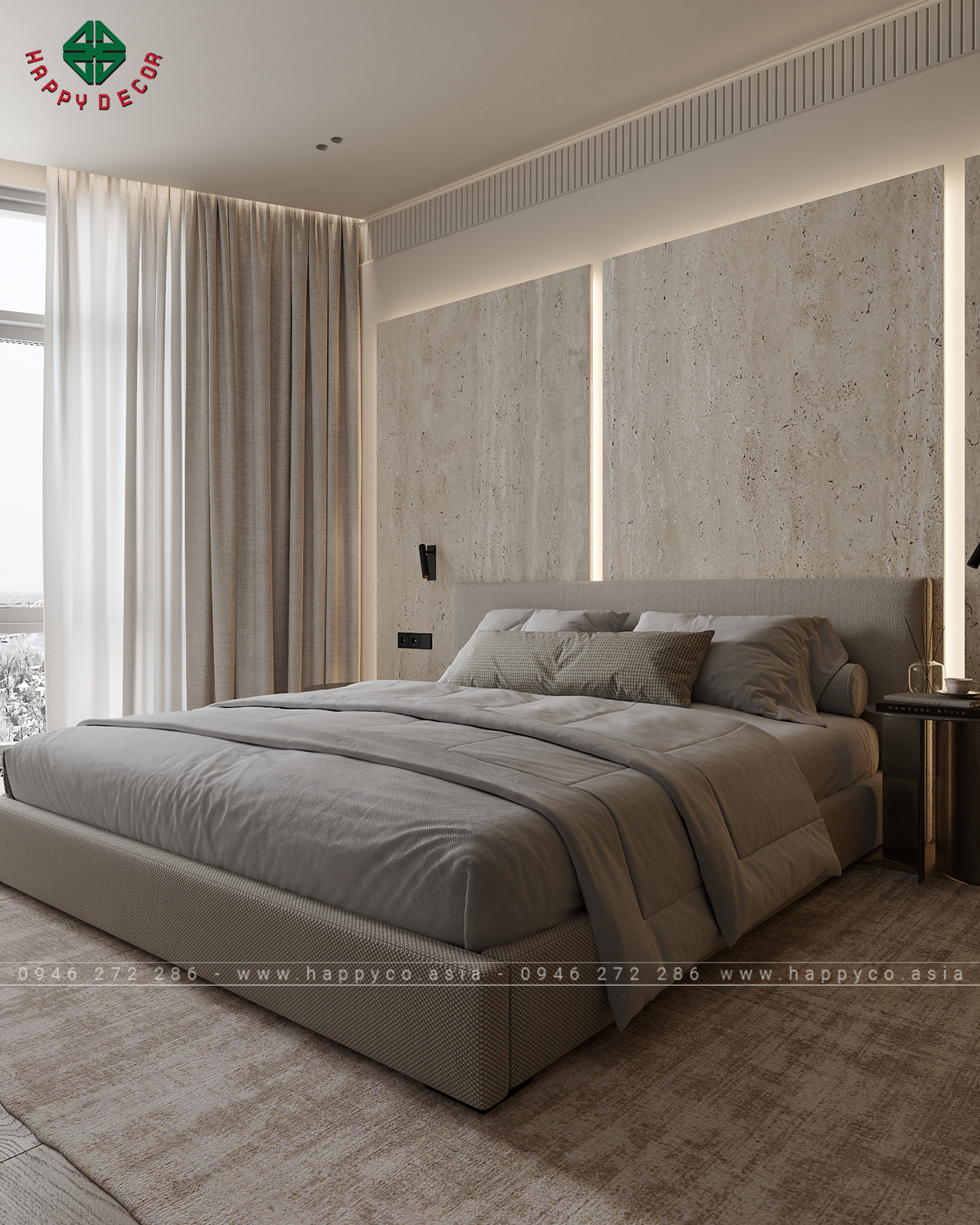 Phòng ngủ đặt cạnh cửa sổ lớn để tạo cảm giác thông thoáng và thư giãn