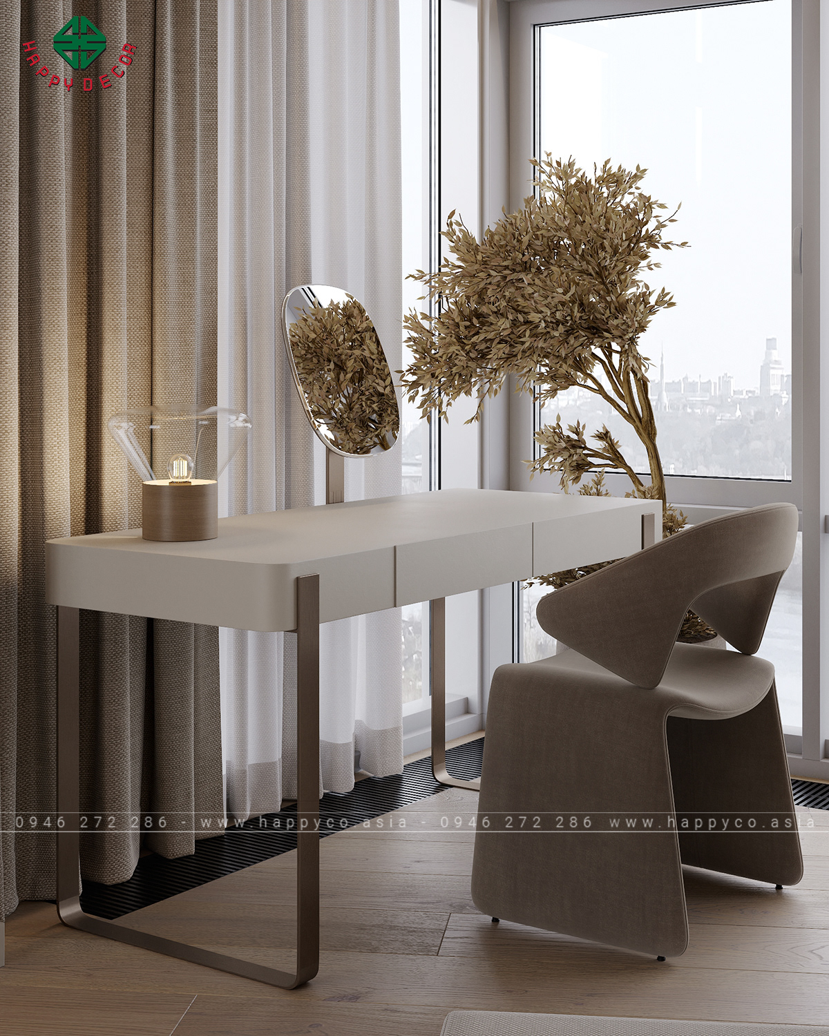 Bàn trang điểm hiện đại do Happy Decor bố trí cạnh cửa sổ để tối ưu công năng và tiết kiệm năng lượng