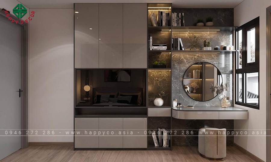 Khu vực tivi được tích hợp vào bàn trang điểm, giúp tiết kiệm không gian