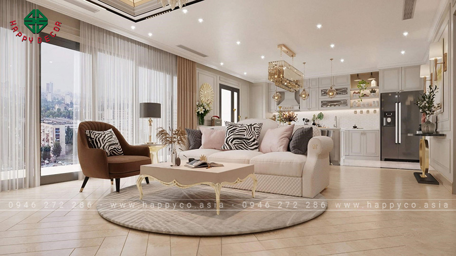 Không gian phòng khách được thiết kế theo phong cách tân cổ điển, với màu trắng làm chủ đạo