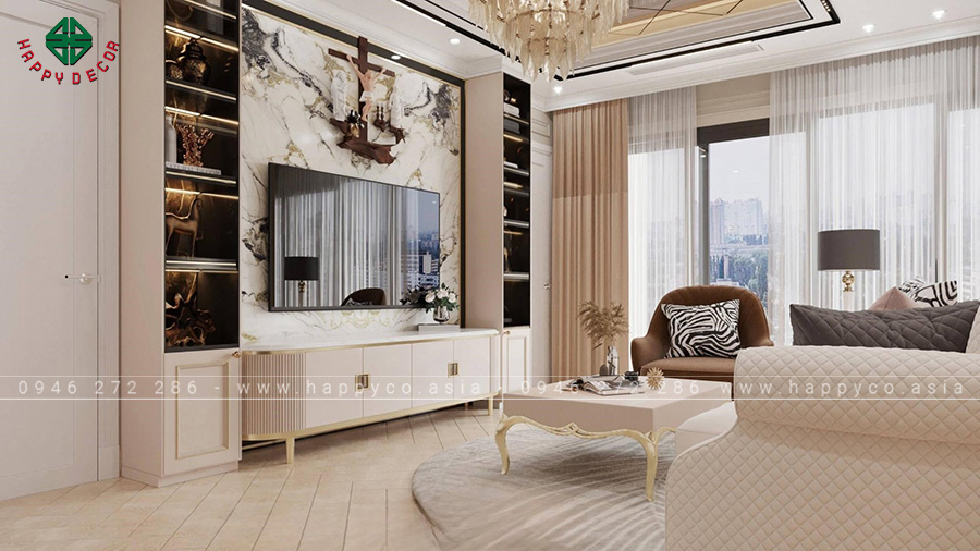 Các hạng mục phụ kiện như kệ tivi, thảm trải sàn, bàn café cũng được lựa chọn kỹ càng để phù hợp với phong cách tân cổ điển.