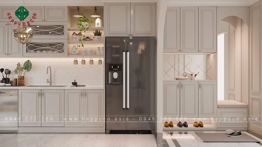 Hệ thống tủ bếp thiết kế đẹp đặt sát tường
