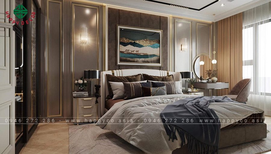 Phòng ngủ master theo phong cách tân cổ điển mang đến sự sang trọng, lịch lãm cho không gian.