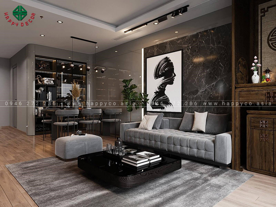 Không gian phòng khách được thiết kế theo phong cách hiện đại, với hai gam màu chủ đạo là trắng và xám.