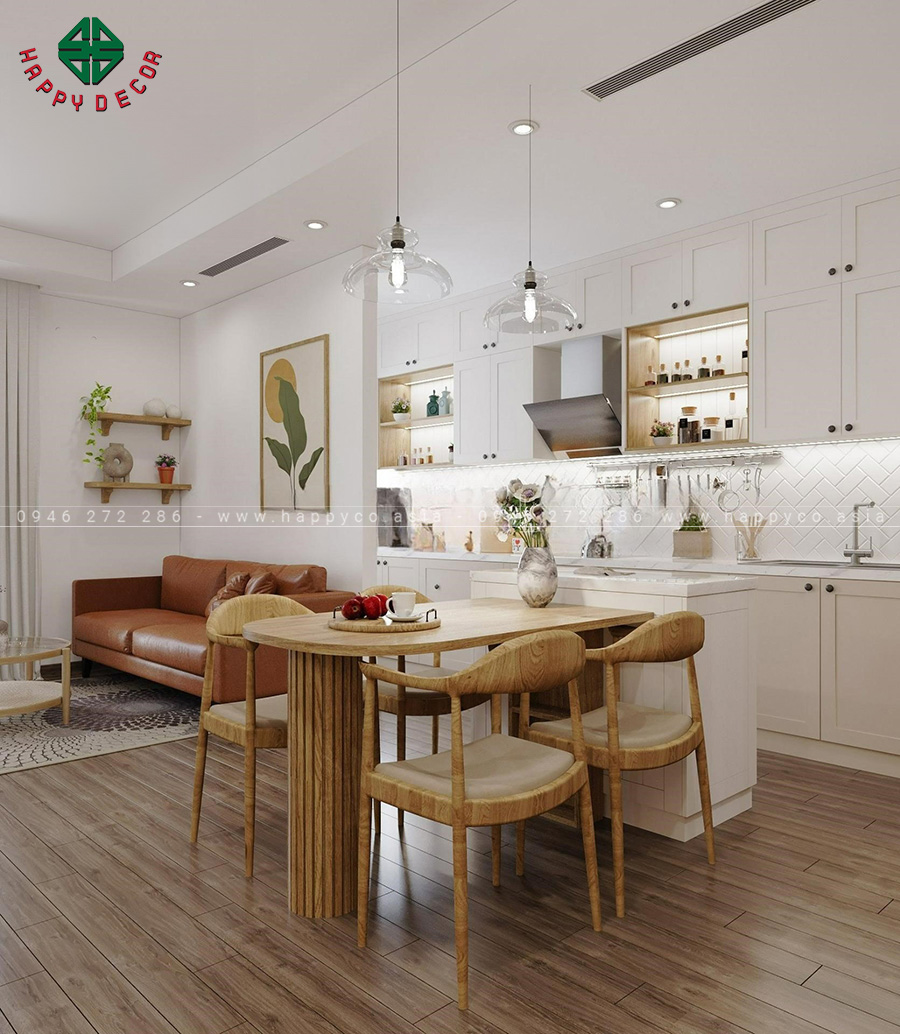 Không gian phòng khách được thiết kế theo phong cách Bắc Âu với tông màu trắng và gỗ làm chủ đạo.