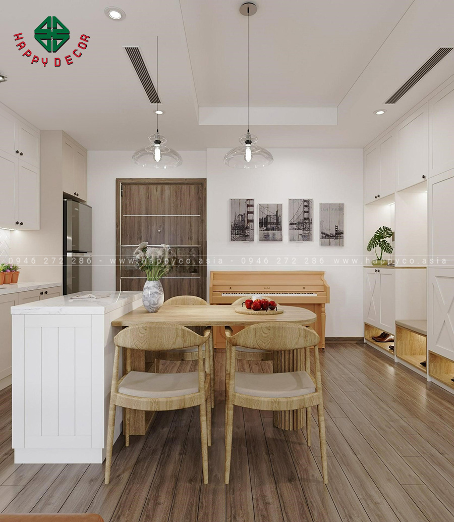 Không gian bếp được thiết kế thông vào khu vực phòng khách để căn hộ luôn được thông thoáng