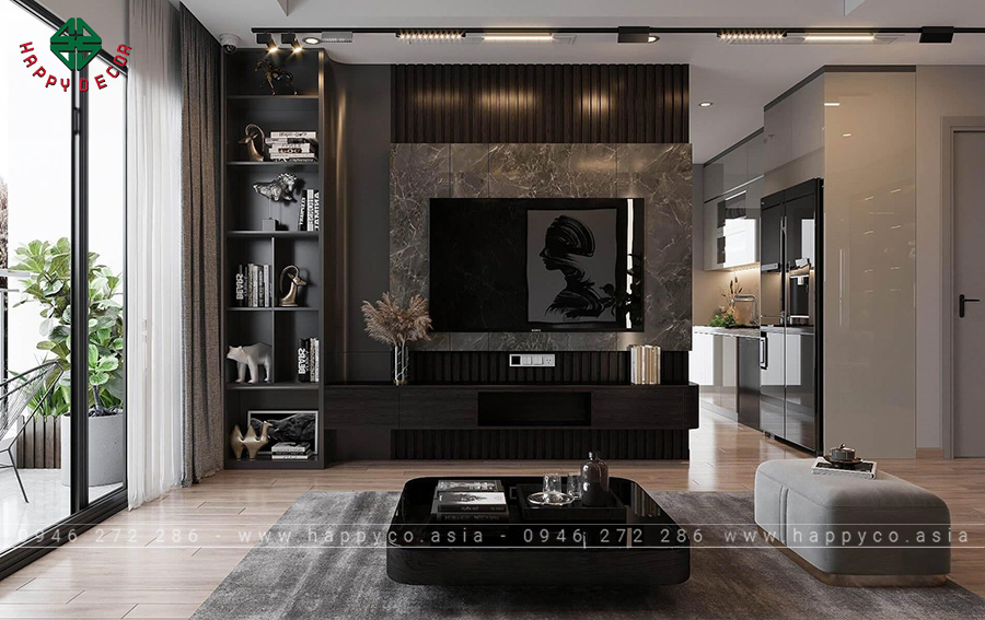 Khu vực tivi được trang trí đẹp mắt với chất liệu PVC và tấm tôn hài hòa