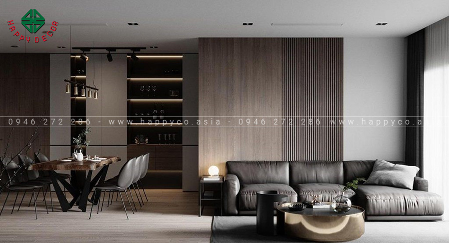 Phòng khách để bàn chủ yếu sử dụng tông màu trắng kết hợp với các màu khác