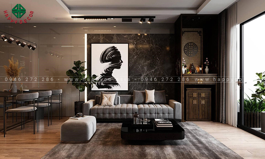 Khu thờ cúng được bố trí trong phòng khách, có vách ngăn được chạm khắc tinh xảo.